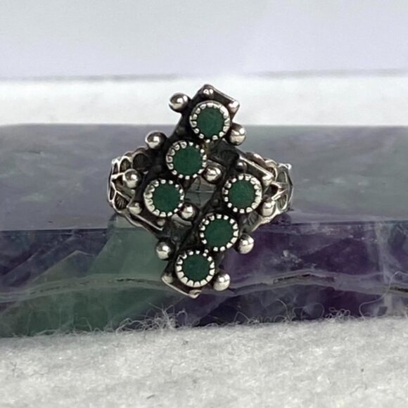 VTG Southwest Sterling Silver 925 Snake Eyes Petit Point Green Onyx Ring Sz 5.25 - Picture 14 of 16